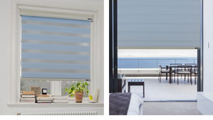 Dual Layer Sheer Motorized Zebra Blinds Horizontal Pattern For Oriel Window 0